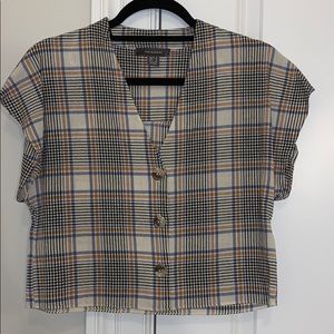 plaid boxy crop blouse Vneck